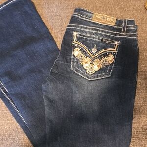Miss Me Dark Blue Boot Cut Jeans with Gold Embroidered Back Pocket